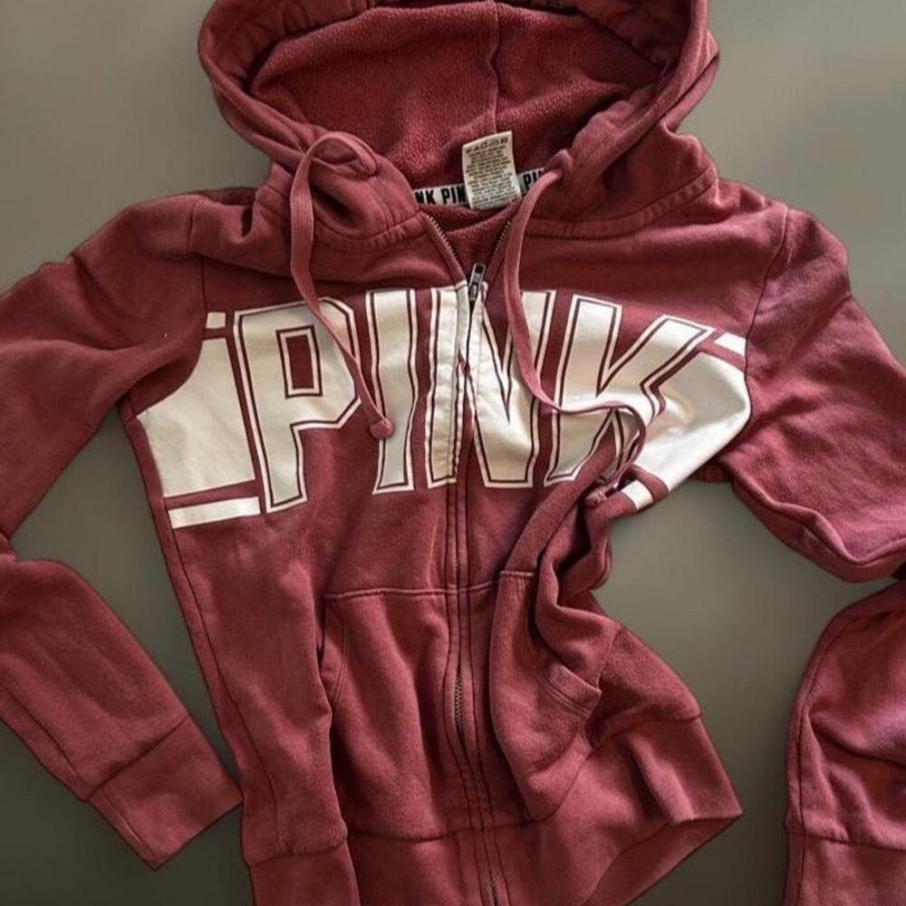 VTG 2015 Victoria’s Secret PINK Full Zip Hoodie Mauve Plum Graphic Spellout XS